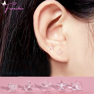 พร้อมส่ง ต่างหูพลาสติก ต่างหูสตั๊ด ตุ้มหูแบบใส รูปดาว หัวใจ ดอกไม้ โบว์ แพ้ง่ายใส่ได้ 1 คู่พร้อมแป้น