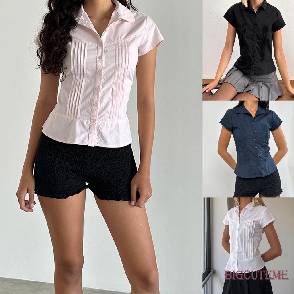 []-เสื้อทรงเข้ารูปของผู้หญิงฤดูร้อนสีทึบแขนสั้นปุ่มลงเสื้อจีบ