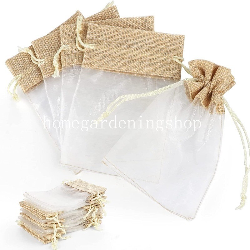 5 ชิ้น/เซ็ตผ้าลินิน Burlap ของขวัญแต่งงาน Organza กระเป๋า Drawstring กระเป๋าปอกระเจาถุงบรรจุภัณฑ์