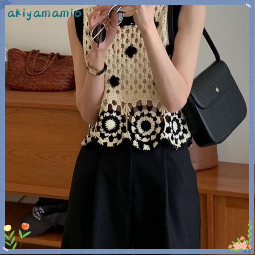 AKIYAMAMIO ผู้หญิงโครเชต์เสื้อผ้า, นุ่มและเป็นมิตรกับผิวผ้าฝ้าย Hollow Out Camisole, แฟชั่นถัก Hollowing Out Floral Crop Tops