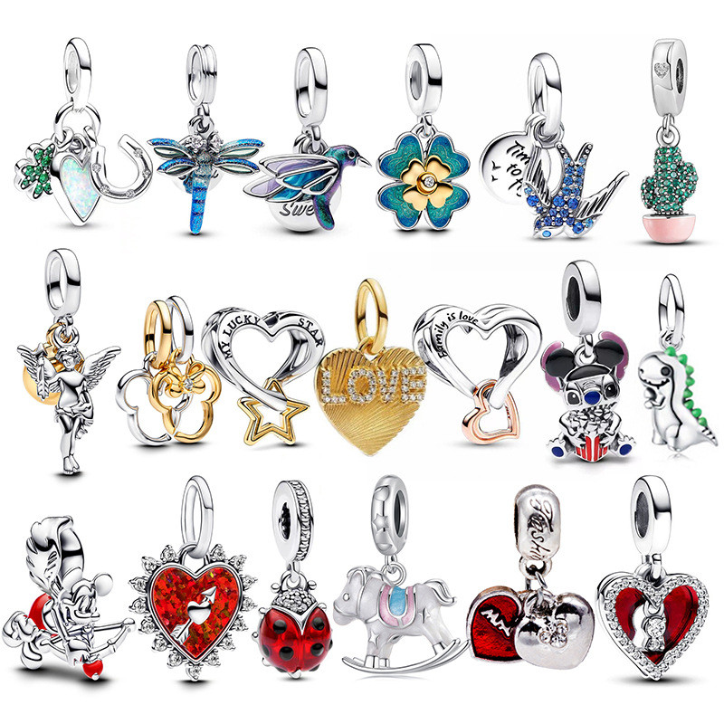 Pandora Silver-Plated Four-Leaf Clover สไตล์ใหม่สีแดงหนึ่งลูกศรผ่านหัวใจจี้ลูกปัด DIY อุปกรณ์เสริม