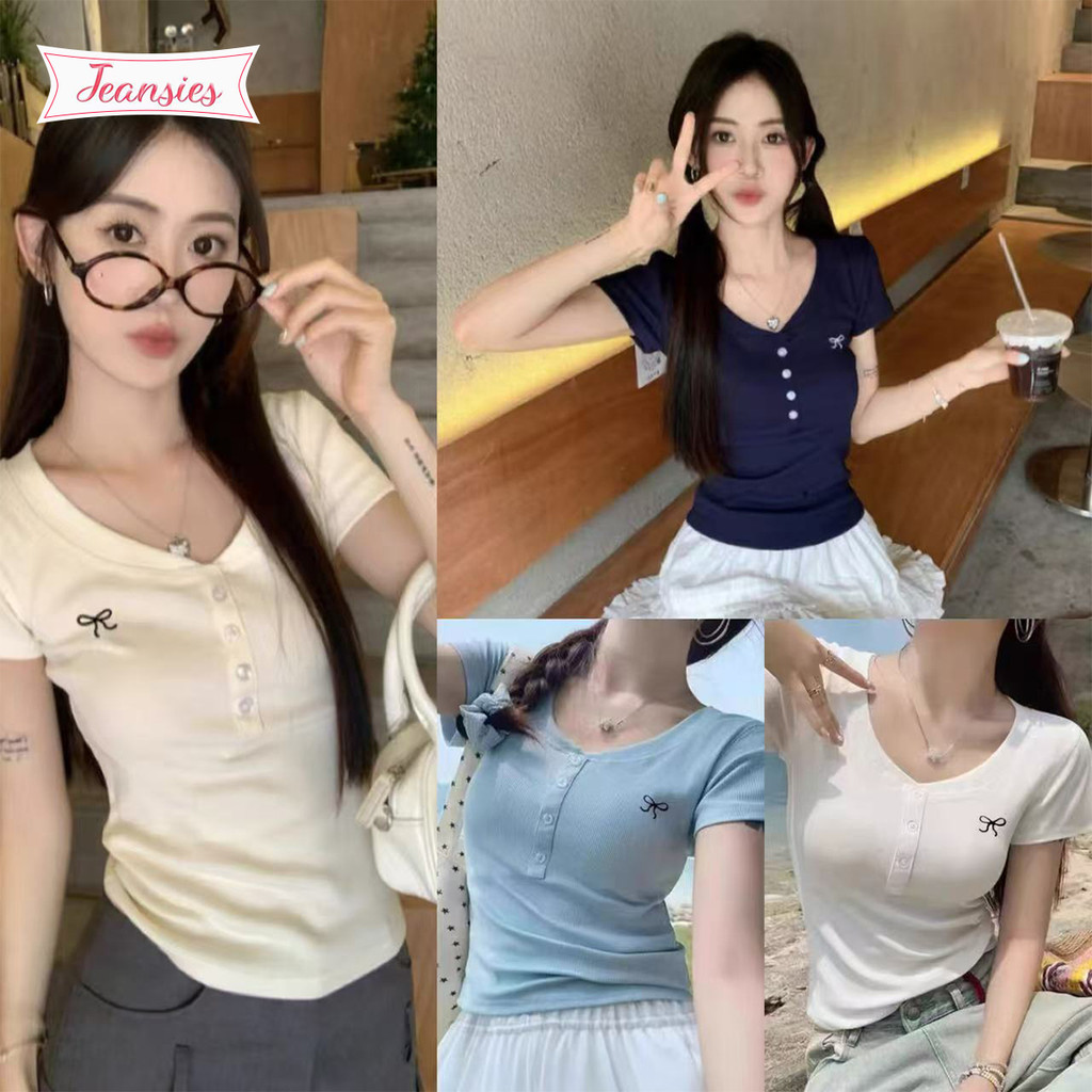เสื้อยืดแขนสั้นปักลายโบว์ ดีไซน์เรียบง่าย เหมาะกับทุกสไตล์