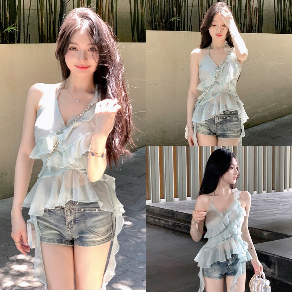 Miqi เสื้อกล้าม ดีเทลปลายพริ้ว ผ้านิ่มลื่นสีเขียว สายเดี่ยว ฤดูร้อน ไปทะเล ทรงสวย ใส่สบาย#FY3038
