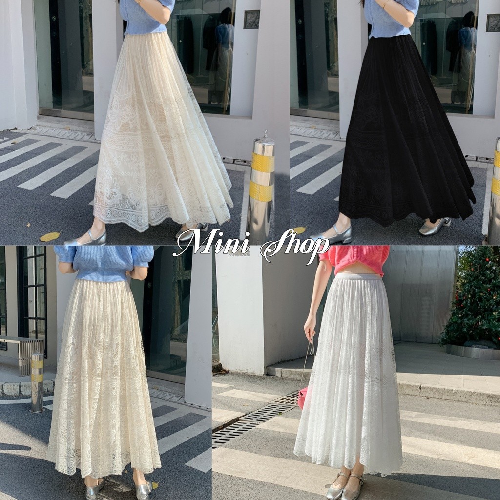 Mini shop🌸พร้อมส่ง🌸(61801) กระโปรงเอวสม๊อค ลายลูกไม้ สีพื้น ปลายบาน สไตล์เกาหลี