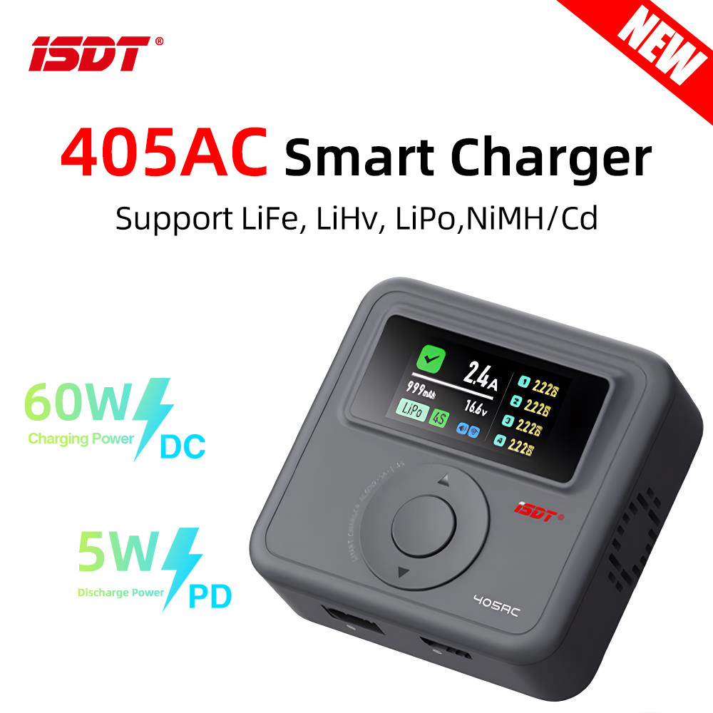 ISDT 405AC 60W Smart Charger GaN Battery Charger AC 100 ~ 240V lPS หน้าจอ APP ควบคุมสนับสนุน LiFe Li