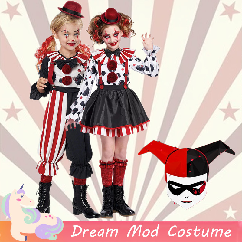 Circus Clown Red Black Stripe Overalls กระโปรงชุดเสื้อสําหรับเด็กเด็กผู้หญิงคอสเพลย์เครื่องแต่งกายปาร์ตี้ฮาโลวีนชุดประสิทธิภาพ