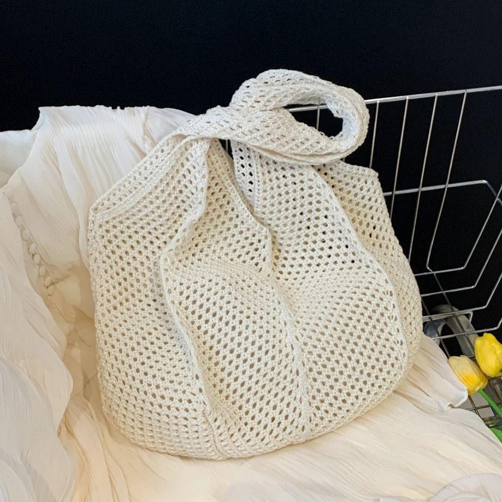 Isitaft โครเชต์ตาข่าย Tote, Hollow Out Soft ผู้หญิงถักไหล่กระเป๋า, Bohemian อเนกประสงค์สีทึบขนาดใหญ่ความจุกระเป๋าช้อปปิ้งเรียบง่ายชายหาด