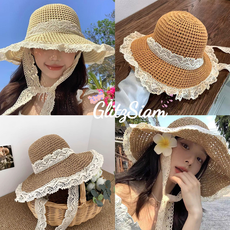 GlitzSiam หมวก👒หมวกฟางลูกไม้👒หมวกฟางทรงกลวง💖ทอด้วยมือ การป้องกันแสงแดด หวานและน่ารัก พร้อมส่งในไทย