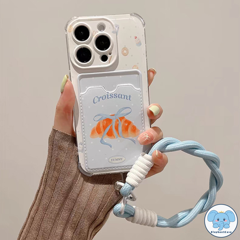 ครัวซองต์น่ารักเข้ากันได้เคสไอโฟน 11 16 13 XR 15 14 12 Pro Max 7 8Plus X XS Max SE2020 โบว์หวานเชือกกระเป๋าสตางค์บัตรเคส