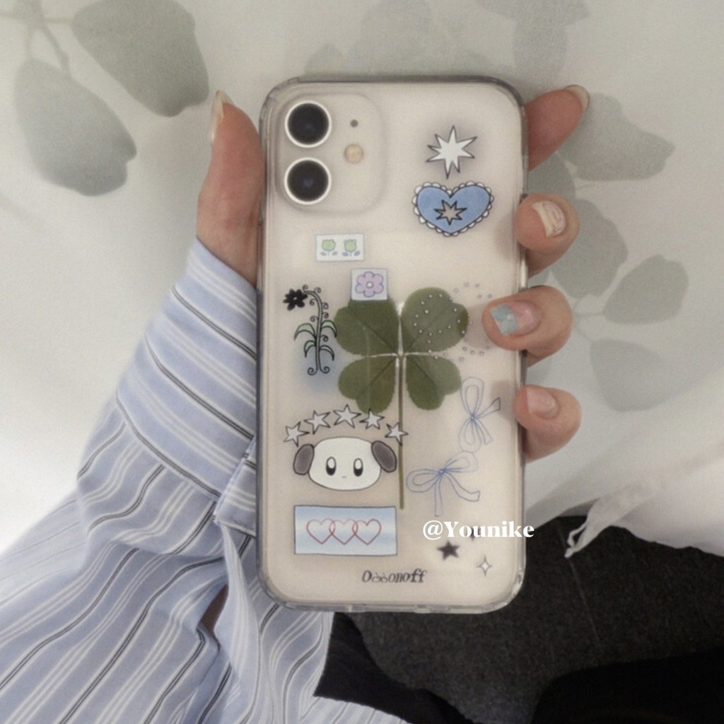 สไตล์เกาหลี ins Niche Design Cultural Creative Illation Four-leaf Clover ดอกไม้แห้งเวอร์ชั่นเกาหลีความโปร่งใสสูงเหมาะสําหรับ phone16pro/15promax/13/14/12 เคสโทรศัพท์ฝาครอบป้องกัน