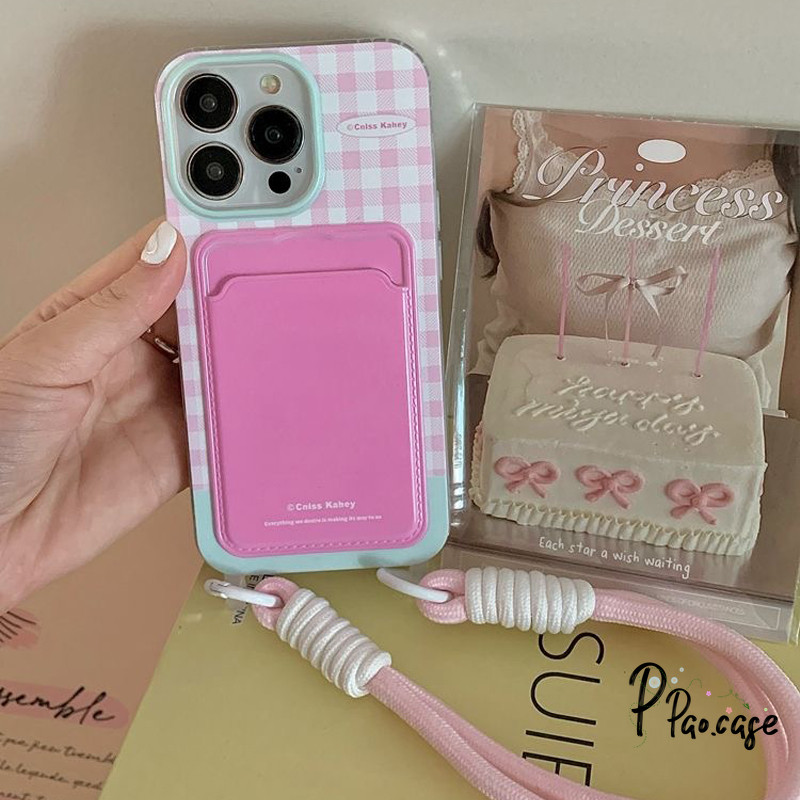 แฟชั่นสีชมพูลายขาวเข้ากันได้เคสไอโฟน 17 AIR XR 11 16 13 15 14 12 Pro Max 7 8 Plus X XS SE เชือกกระเป๋าสตางค์บัตรเคส