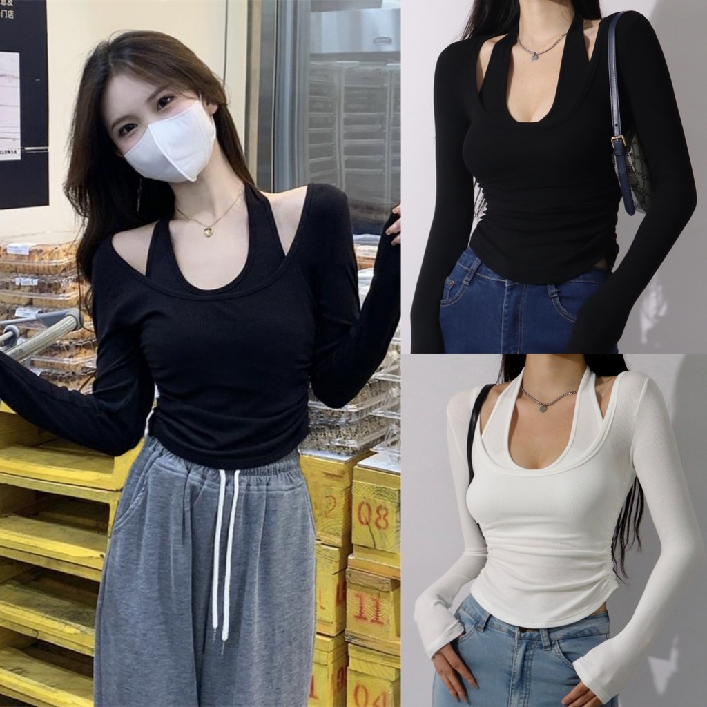 Beryl เสื้อสายเดี่ยวผูกเชือกเชือกรูดเซ็กซี่แขนยาวแบบอเมริกันสำหรับผู้หญิง