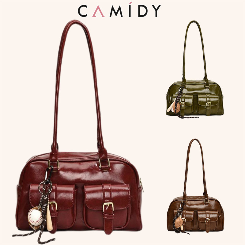 Camidy Vintage Boston Oil wax leather pillow bag กระเป๋าสะพายบิลโบว์ลิ่ง