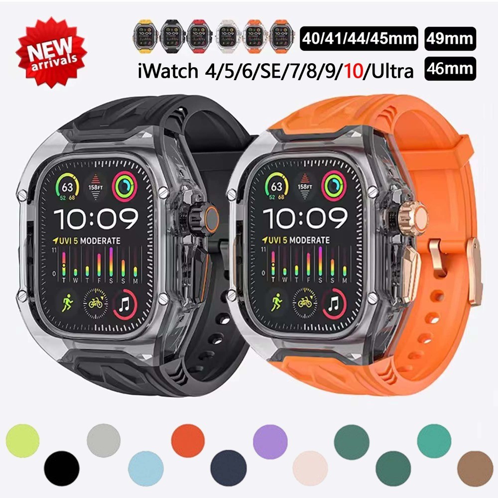 ชุดดัดแปลงโปร่งใสป้องกันกรณี + สายซิลิโคนสําหรับ iWatch Series 10 46 มม.Ultra1/2 49 มม.สําหรับโปร่งใส one-piece App le สายนาฬิกา 44 มม.45 มม.40 มม.41 มม.