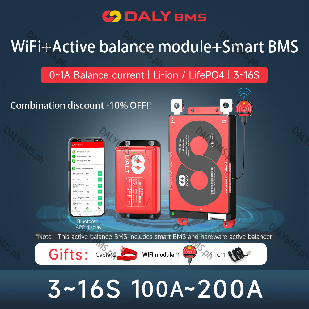 Daly สมาร์ท BMS + 1A ฮาร์ดแวร์ active balancer Lifepo4 แบตเตอรี่ Li-ion 100A 200A 4S12V 8S 24V 16S 48V WIFI CAN ฟังก์ชั่น