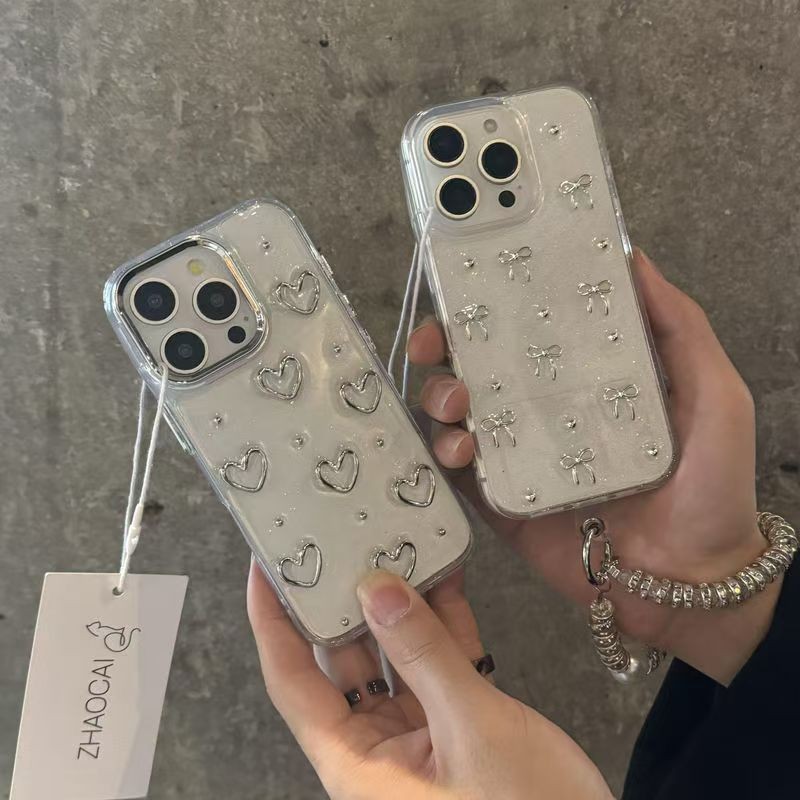 หรูหรา 3D Love Heart คริสตัลเงินฟอยล์สําหรับ iPhone 16 Pro Max 15 14 13 12 Pro Max 11 Glitter อีพ็อกซี่ใสนุ่มกันกระแทก