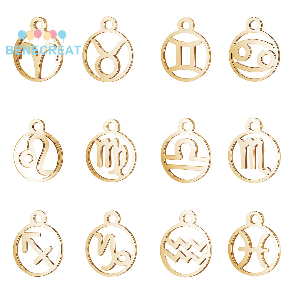 1 กล่อง 12 ชิ้นแหวน Zodiac Sign Charm Hypoallergenic Dangle จี้สแตนเลส Charms Golden Hollow คู่มือขั
