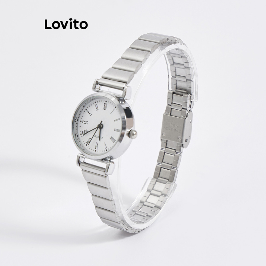 Lovito นาฬิกาควอทซ์ลำลอง ดิจิตอล พื้นผิวโลหะ สีพื้น สำหรับผู้หญิง LNA13089 (สีเงิน)