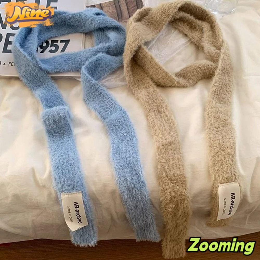 Zooming Y2K ผ้าพันคอสาว, สีทึบเลียนแบบ Mink Fur ผ้าพันคอแถบยาว, สไตล์เกาหลีนุ่ม Warm Plush Mohair ผู้หญิงผ้าพันคอฤดูใบไม้ร่วงฤดูหนาว