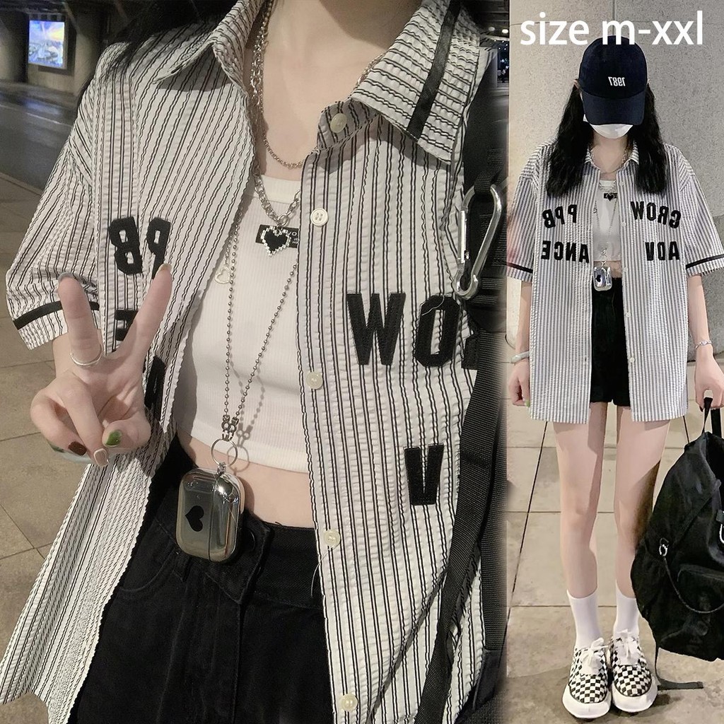 mim&didi#เสื้อเบลาส์ผู้หญิง ทรงหลวม เสื้อเชิ้ตลายทาง แฟชั่นอเมริกันย้อนยุค สไตล์ลำลอง#W532