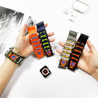 ไนลอนห้าห่วงวงสําหรับ Apple Watch Series 2/4/5/6/7/8/9 ขนาด 41/42/44/45/46/49 มม. พร้อมสายกีฬาสํารอง
