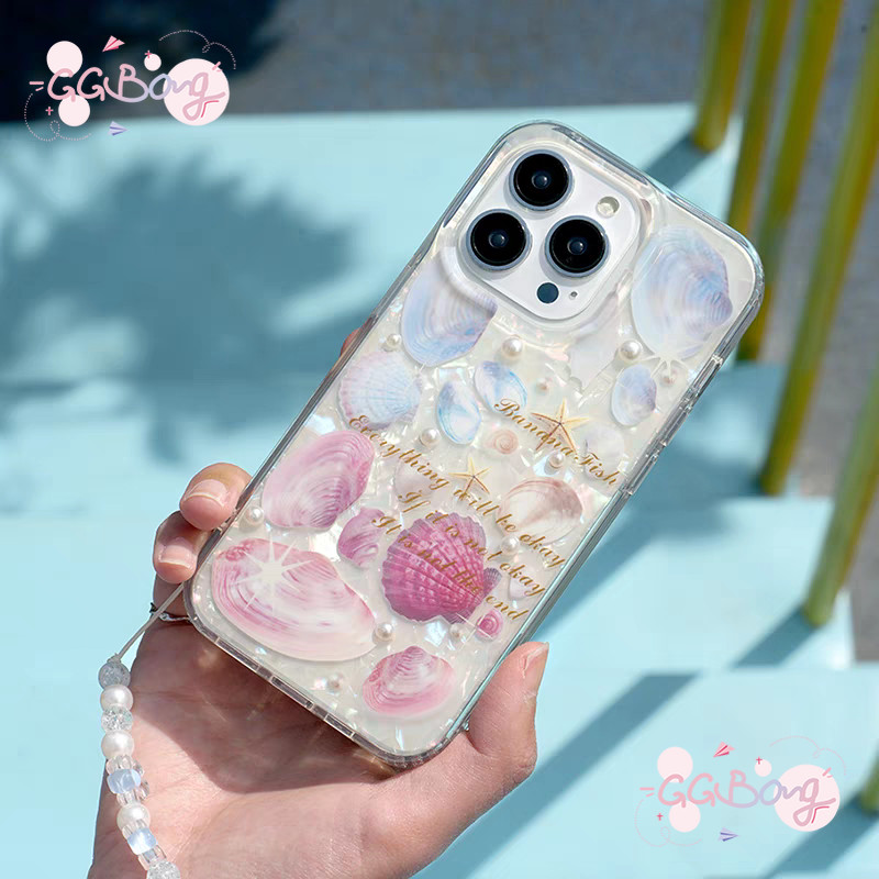 เคสไอโฟน16 11 15 12 14 13 Pro Max 16 7 8 Plus XR X XS Max แฟชั่นอัดลมไข่มุกเชลล์ชายหาดลายหรูหรารูปแบบเคสกันกระแทกมันวาว