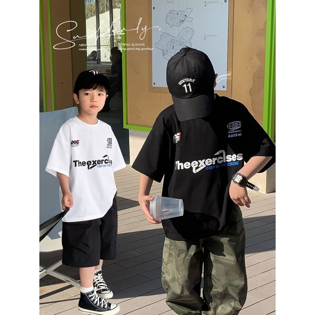 (จัดส่งตลอด 24 ชั่วโมง)เสื้อยืดแขนสั้น ผ้าฝ้าย พิมพ์ลายตัวอักษร ทรงหลวม สไตล์เกาหลี สําหรับเด็กผู้ชาย อายุ 3-12 ปี