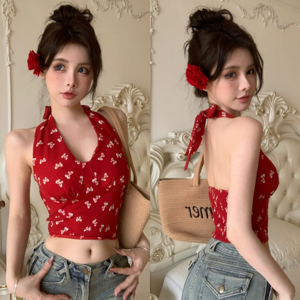 🍒Evelyn🍒เสื้อผูกคล้องคอ ครอปสั้น สีแดงสดใส ลายโบว์ เข้ารูป เซ็กซี่ เสื้อกล้ามผู้หญิง ดีเทลเว้ายืดใส่สบายมาก#FY2706
