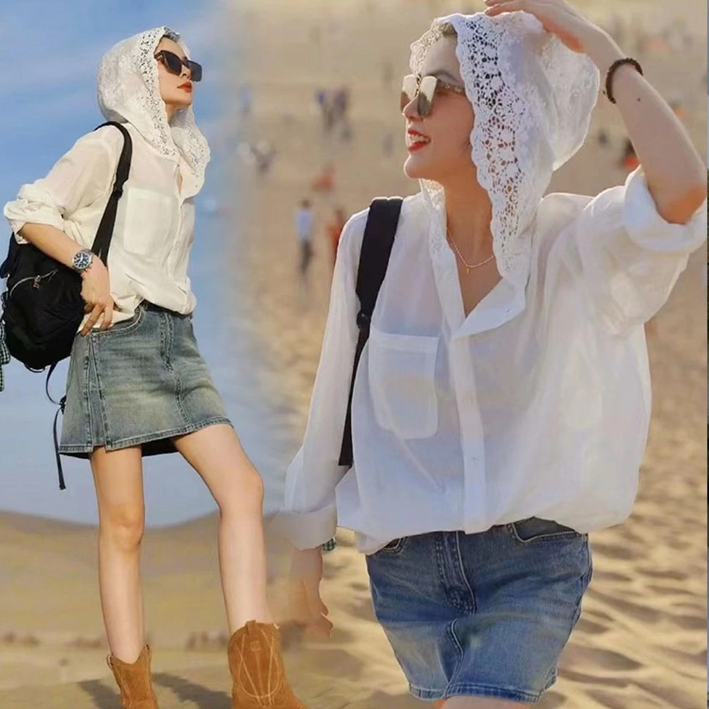 mimi&didi#เสื้อลูกไม้มีฮู้ดแขนยาว ฝรั่งเศสกลวง สำหรับผู้หญิ สีขาว เซ็กซี่ ทรงหลวม เสื้อเชิ้ตเรียบหรูและมีสไตล์#W508