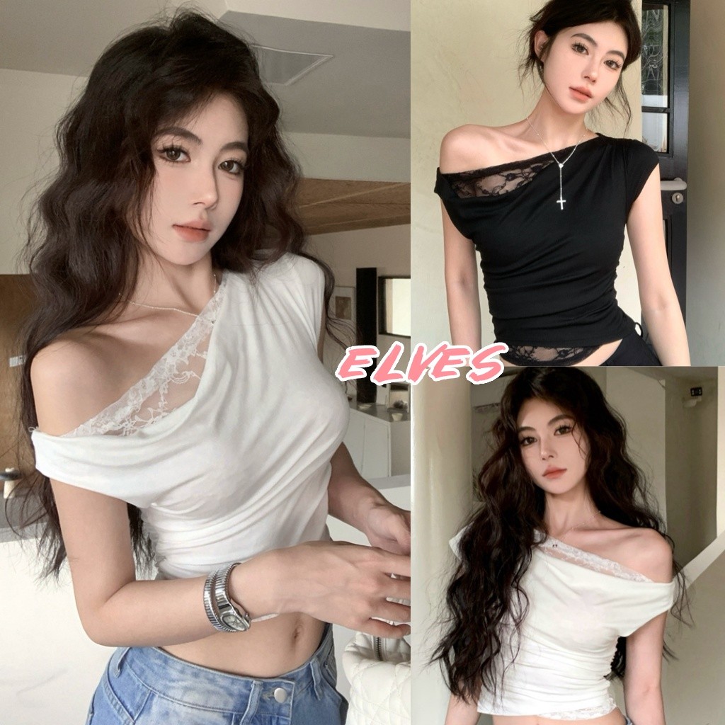 Elves พร้อม💟 เสื้อแขนสั้น เปิดไหล่ ดีเทลแต่งลูกไม้ พื้นพื้นใส่ง่าย เสื้อแฟชั่น 4 สี"Y0327"