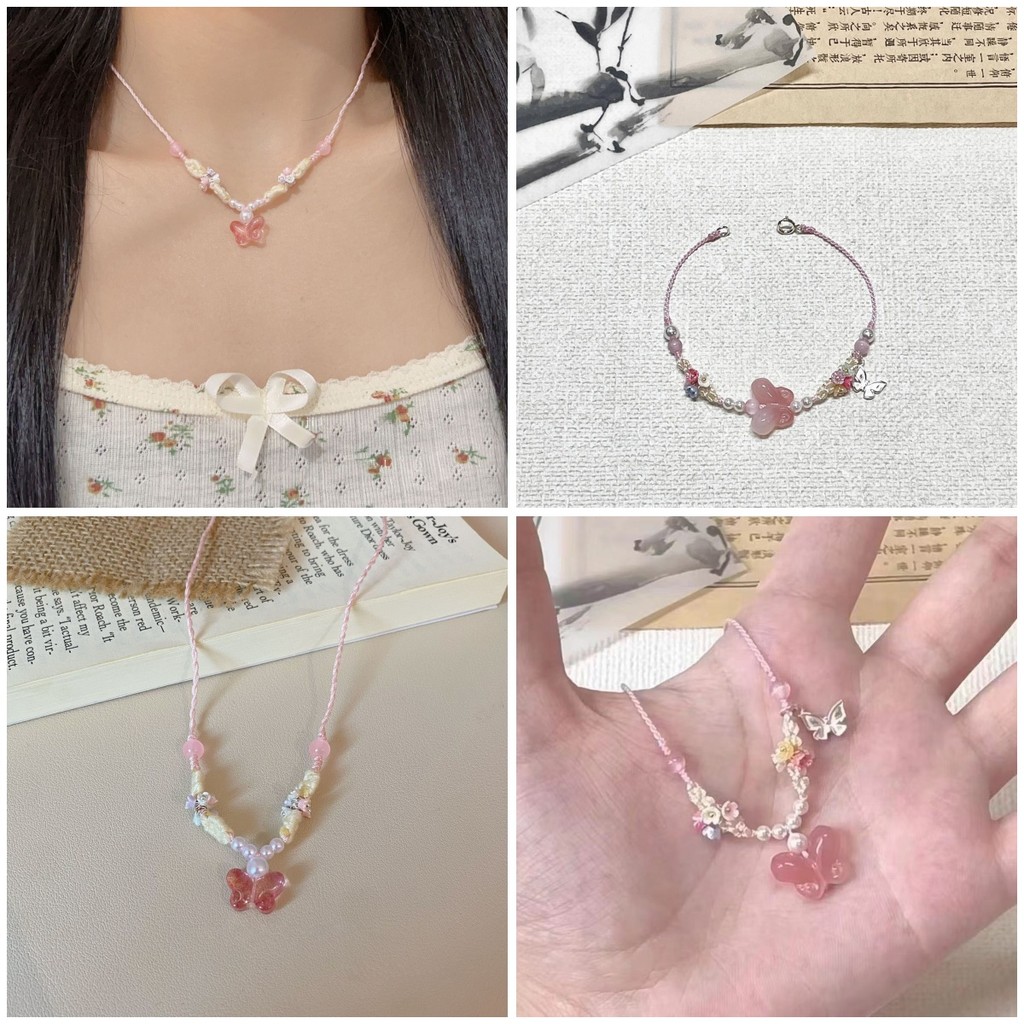 สร้อยคอผีเสื้อ Icy สีชมพูจีนใหม่เชือกถักอเนกประสงค์หวาน