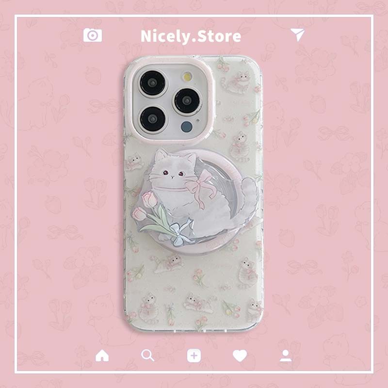 ดอกไม้แมวน่ารักไร้สายชาร์จโทรศัพท์มือถือสําหรับ iPhone 16 15 14 13 Pro Max ผู้ถือขาตั้ง Hard IMD Shock Proof ฝาครอบ Shell