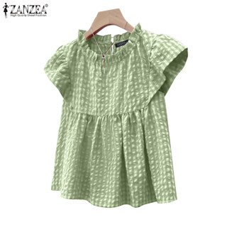 ZANZEA เสื้อสตรีเกาหลี Elgant Casual คอกลม Flared Sleevs ลาย…