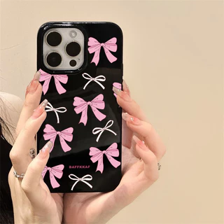 สำหรับ iPhone 17 16 15 14 13 12 Pro Max 11 เคส ไอโฟน สีดำมันTPUซอฟท์เคส กันกระแทกกล้องป้องกัน โบว์ดอกไม้ เข้ากันได้กับ