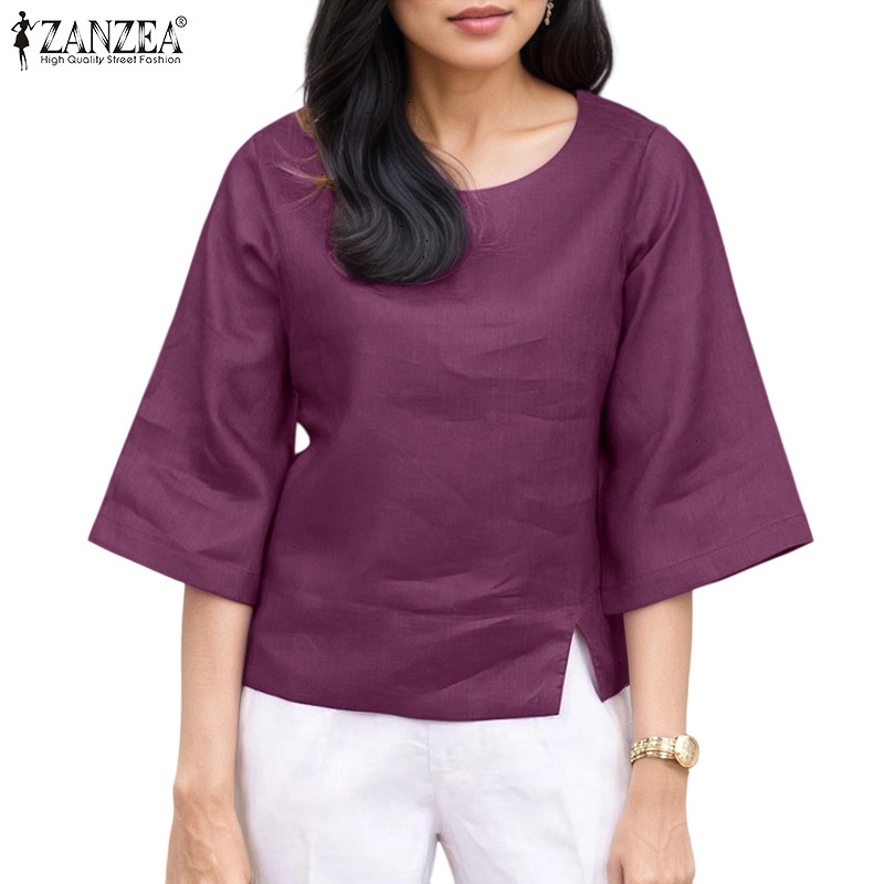 ZANZEA ใส่ ซานเซีย ผู้หญิงเกาหลีที่เรียบง่ายสบายๆลูกเรือปก3/4แขนกรีดออกแบบเสื้อธรรมดา