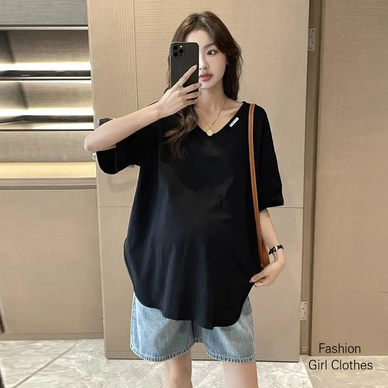 [4 สี] คอวีคลอดบุตรด้านบนตั้งครรภ์เสื้อยืดฤดูร้อนอารมณ์สบายๆหลวมขนาดใหญ่คลอดบุตร เรา - รูปที่ 3