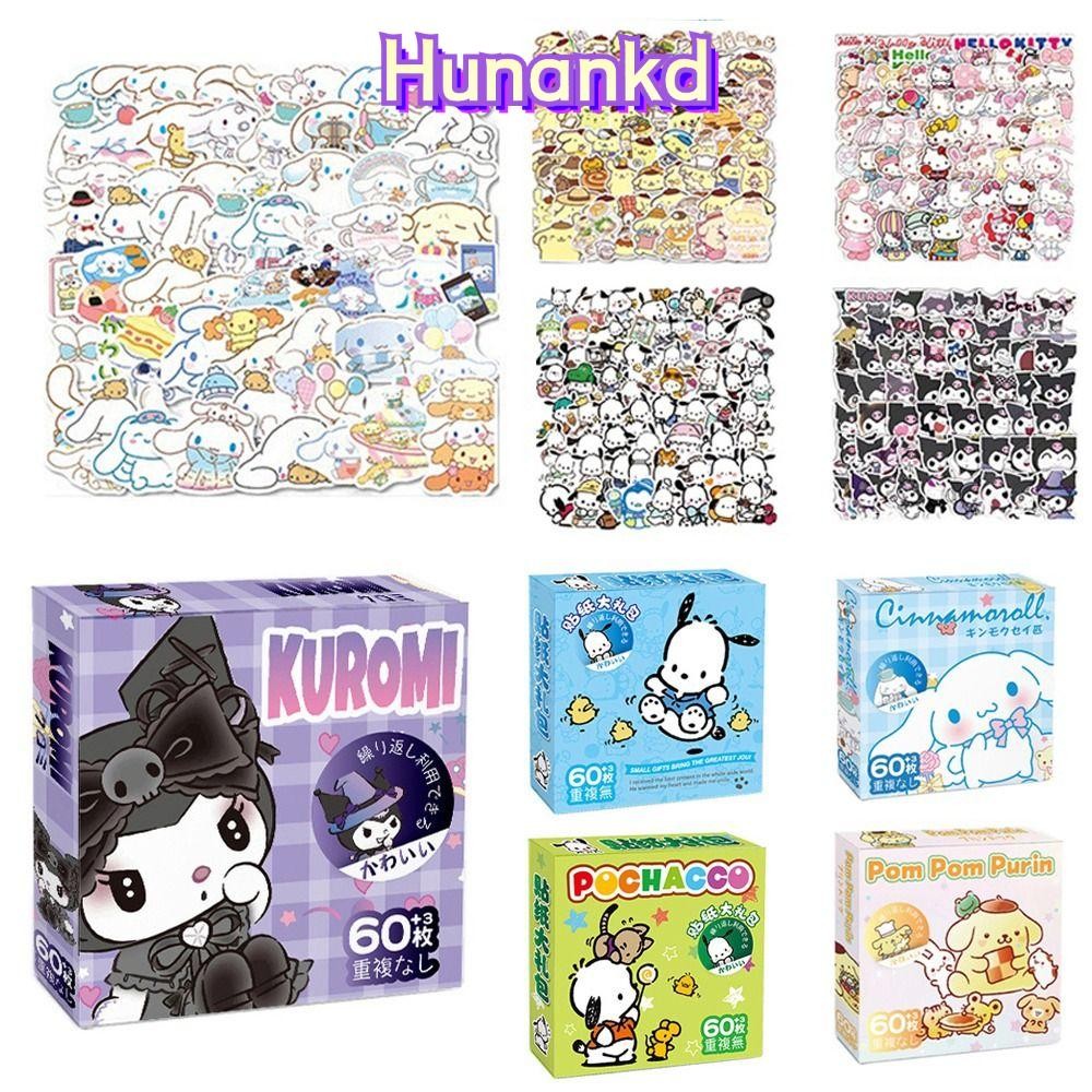 HUNAN 60 ชิ้น/กล่อง Melody Kuromi สติกเกอร์, Cinnamoroll Pochacco Party ตกแต่งการ์ตูนสติกเกอร์, ของขวัญ Kitty Kuromi ไดอารี่กันน้ํากระเป๋าเดินทางสติกเกอร์โทรศัพท์