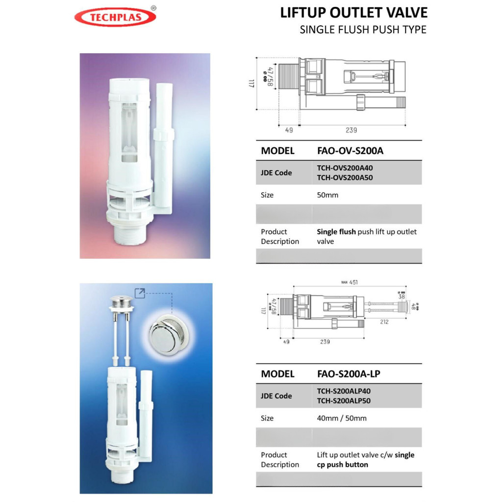 [ TECHPLAS ] (S300A Series) Lift-Up WC Outlet Valve Dual Flush 40mm / 50mm พร้อม / ไม่มีปุ่มกด