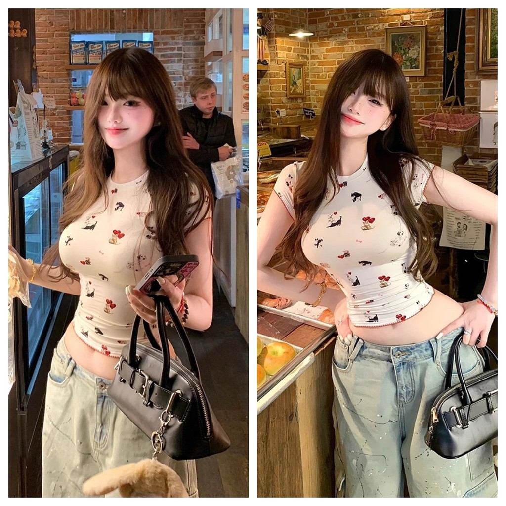 เสื้อยืดคอกลมลายการ์ตูนแขนสั้น สวมใส่สำหรับผู้หญิงในฤดูร้อน เสื้อยืดที่มีความยืดหยุ่น