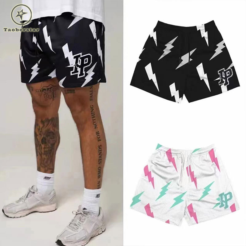 กางเกงขาสั้นผู้ชาย Taoberstar Lightning Type Vintage พิมพ์ตาข่ายระบายอากาศกางเกงขาสั้นบาสเก็ตบอลแห้งเร็ว