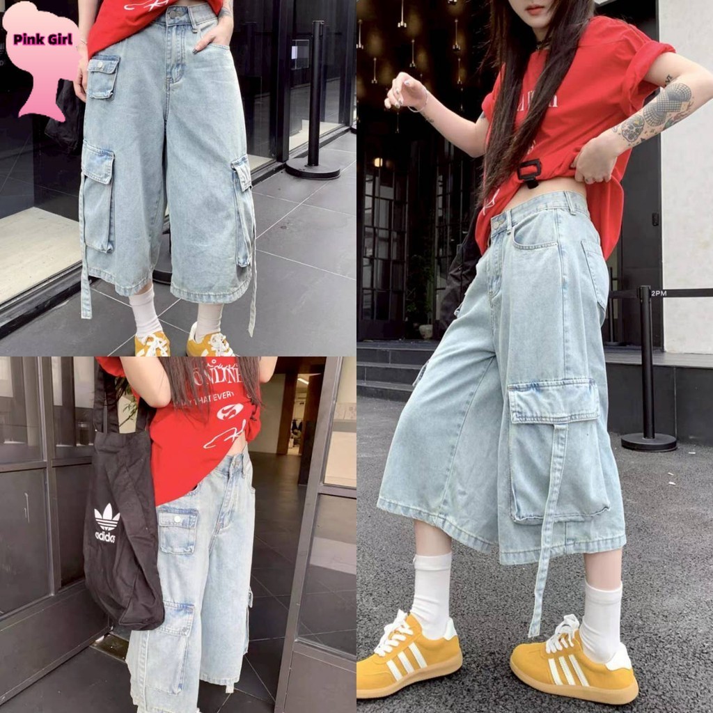 💋Pink girl💋​พร้อมส่ง กางเกงยีนส์ ขาสั้น 4ส่วน สีฟ้าเฟด ใส่สบาย ' NZ3330