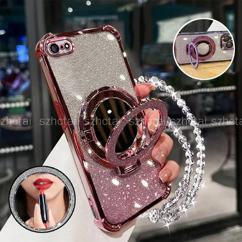 ปลอกสําหรับ iPhone 7 plus 8 plus 6 plus 6s plus 7 8 6 6s SE 2020 สี่มุมกันกระแทกเคสโทรศัพท์ 3D ที่วางกระจกแต่งหน้าสร้อยข้อมือใหม่ softcase