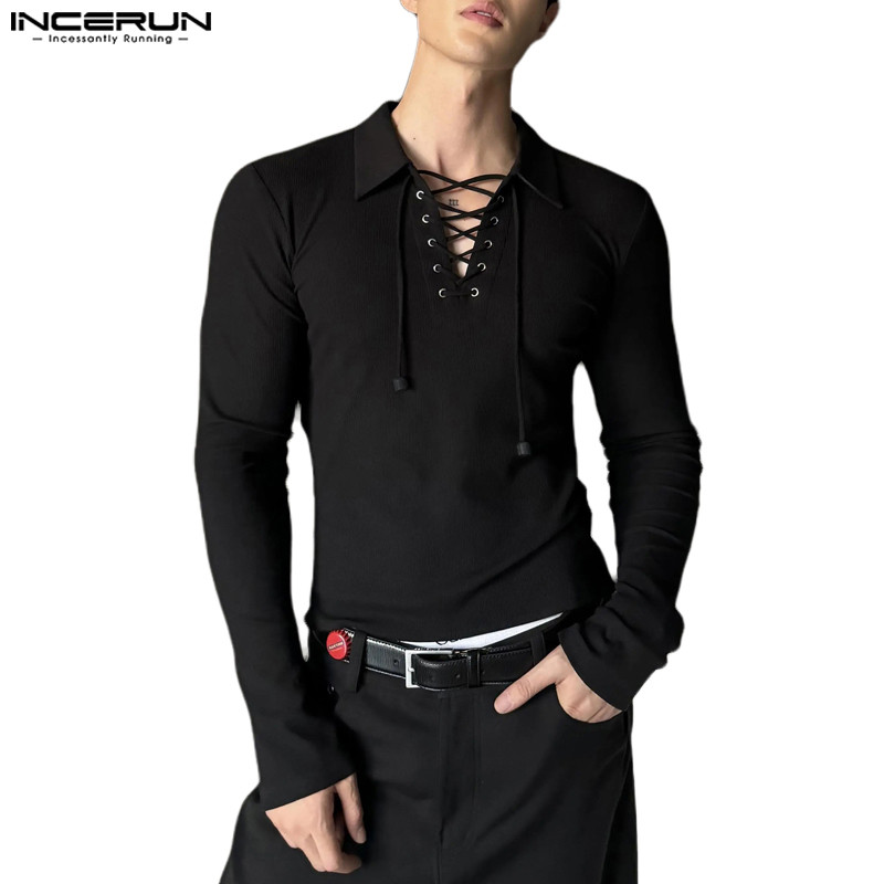 ไม่แน่นอน เสื้อยืดแขนยาวคอวีแฟชั่นเกาหลีสําหรับผู้ชาย