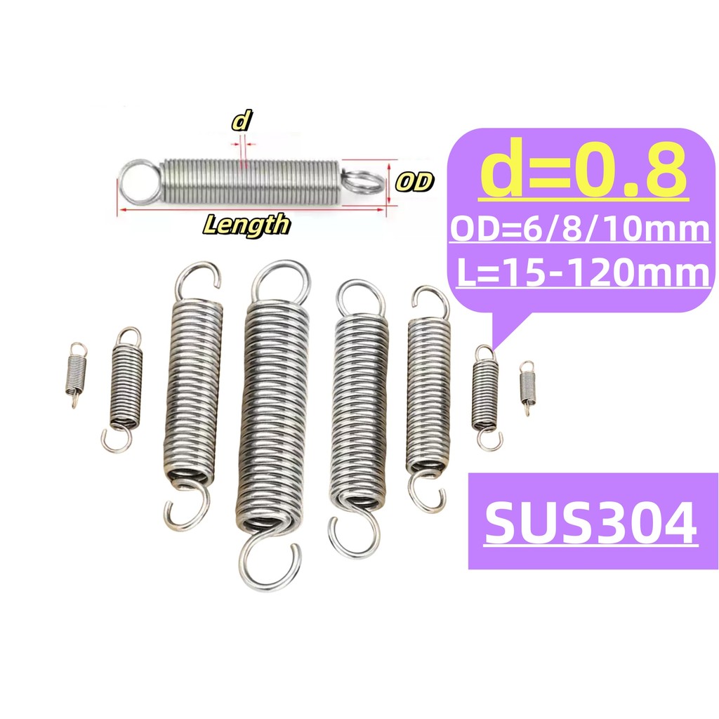 304 สแตนเลส สปริงแรงดึง/สปริง d=0.8mm,OD6/8/10mm,L=20~120mm สปริงดึงพร้อมตะขอ ทาประตูโรงรถ bunnings เครื่องแกว่งXZM1
