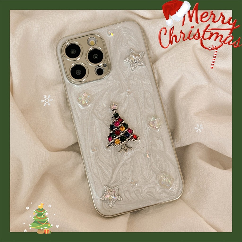 ฤดูหนาวmerry Christmas Green TreeเงาเพชรStarเคสโทรศัพท์สําหรับ14 15 14 16 Pro Max 13 Pro Max 15กันชนซิลิโคน3DกันกระแทกSoft TPUปกหลัง