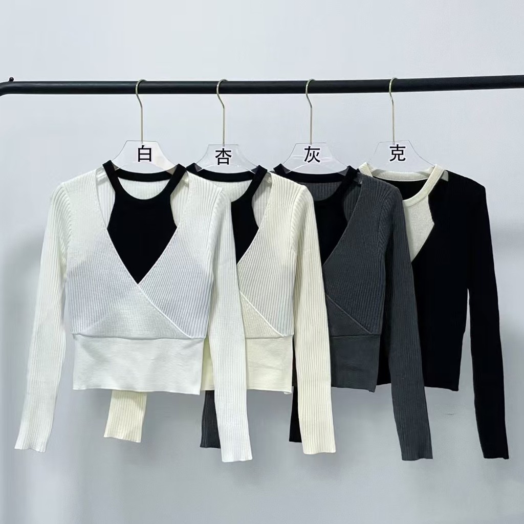 ฤดูใบไม้ร่วงใหม่สไตล์เกาหลีห้อยคอเปิดไหล่เย็บปลอมสองชิ้นเสื้อแขนยาวผู้หญิง Oh เล็บตารางถัก sd2q