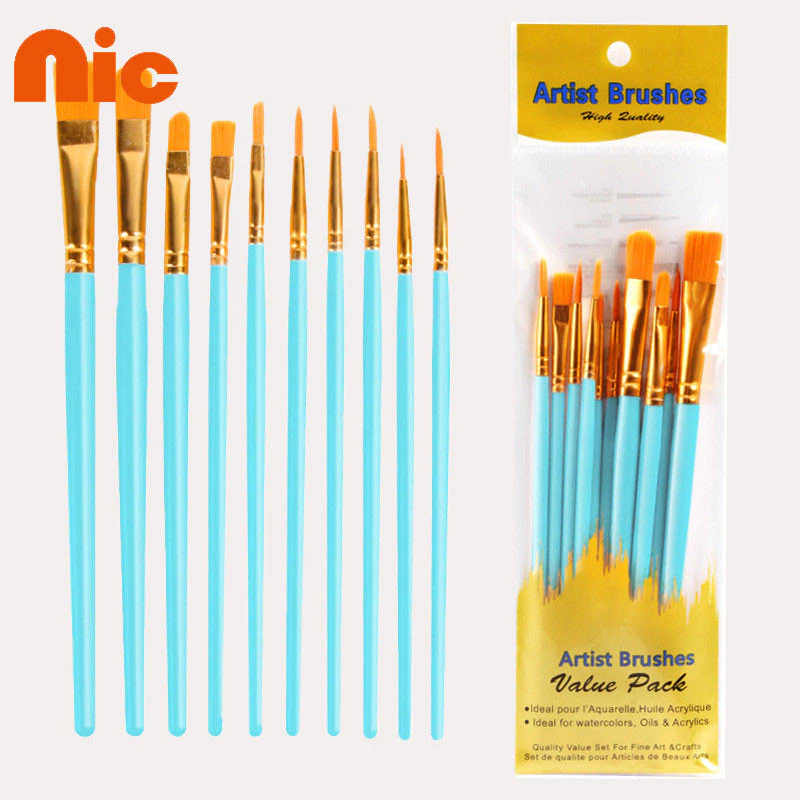 NIC 10ชิ้น/เซ็ตสีก้านพลาสติก แปรงโกเมนศิลปะตะขอวาดเส้นปากกาอะคริลิคชุด