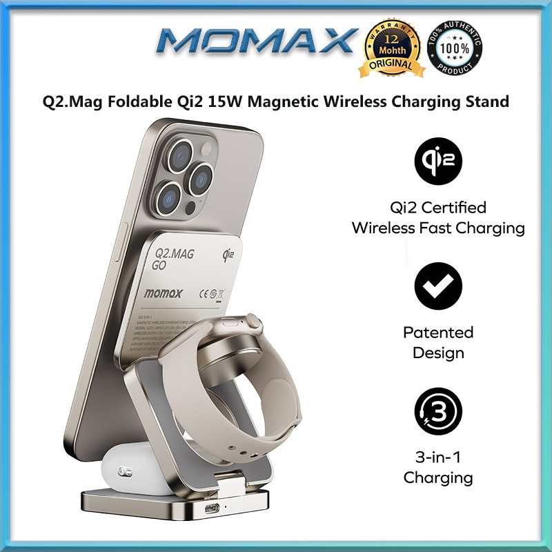 Momax Q2.Mag 3-in-1 เครื่องชาร์จแบบพับได้ Qi2 15W แท่นชาร์จไร้สายแบบแม่เหล็ก