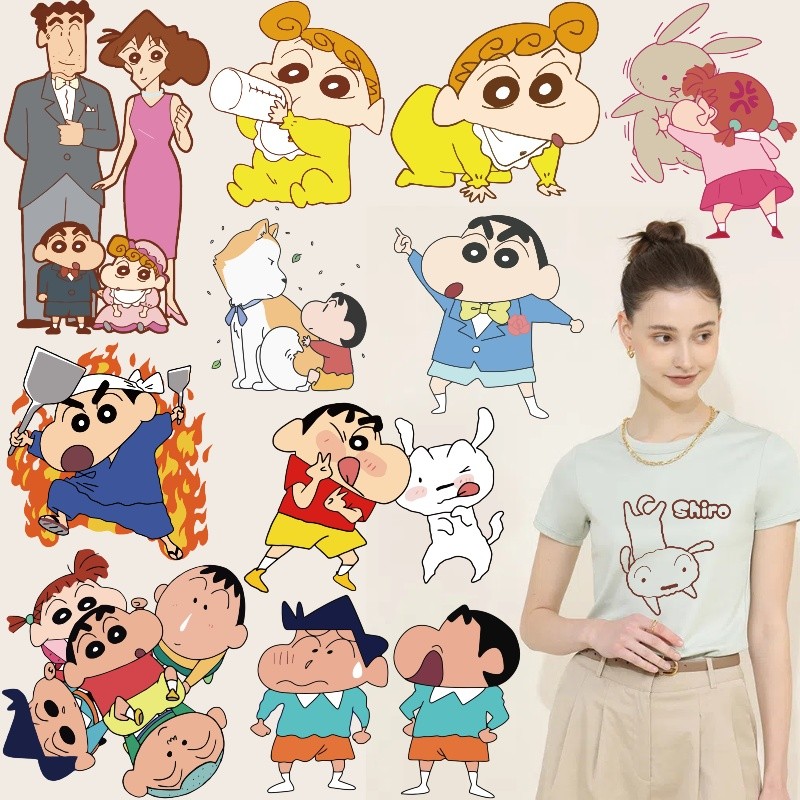 เครยอนชินจังสติกเกอร์พิมพ์การถ่ายเทความร้อนทําเองสติกเกอร์ผ้าสติกเกอร์ล้างทําความสะอาดได้สติกเกอร์ผ้าตกแต่ง