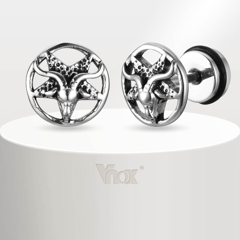 VNOX วีน็อกซ์ ซาตาน หัวแกะรูปดาวห้าแฉกต่างหูสตั๊ดสําหรับผู้ชาย,บุคลิกภาพย้อนยุคสแตนเลสต่างหูสตั๊ด,เครื่องประดับแฟชั่นอุป